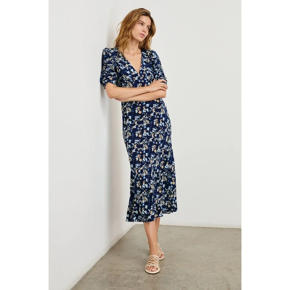 Rails Zariah Midi Dress Navy Floral L Empire Waist Puff Sleeve Heritage Romantic